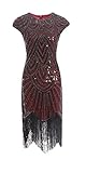 MIMIKRY 20er Jahre Charleston Pailletten Kleid Rot/Schwarz mit Fransen Flapper Damen-Kostüm,...