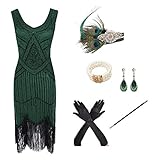 shoperama 20er Jahre Charleston Flapper Damen-Kostüm Grün Pailletten-Kleid mit Fransen und 5-TLG....