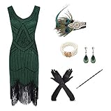 shoperama 20er Jahre Charleston Flapper Damen-Kostüm Grün Pailletten-Kleid mit Fransen und 5-TLG....