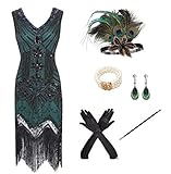 shoperama 20er Jahre Charleston Flapper Damen-Kostüm Grün/Schwarz Pailletten-Kleid mit Fransen und...