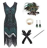 shoperama 20er Jahre Charleston Flapper Damen-Kostüm Grün/Schwarz Pailletten-Kleid mit Fransen und...