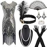 Alintor 20er Jahre Kostüm Damen Mit Accessoires - Gatsby Kleid, Charleston Outfit für Karneval,...