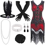 FEPITO 1920er Jahre V Ausschnitt Pailletten Perlen Fransen Kleid mit 20er Jahren Zubehör Set