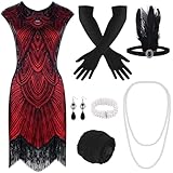 PLULON 1920s Pailletten Perlen Fransen Flapper Kleid mit 20s Accessoires Set (Rot
